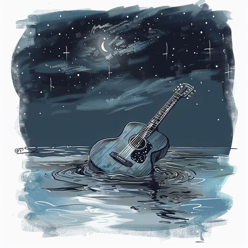 Serene tattoo sketch of a guitar floating on calm waters under a starry sky, in blues and grays, clipart style