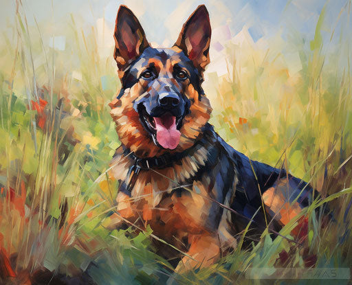 Excited German Shepherd sitting in grass