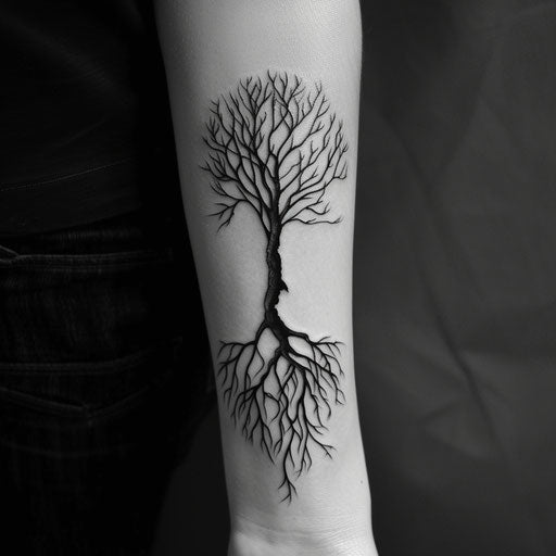 Flat tattoo sketch of roots with bold, stencil-style shadows and highlights