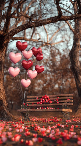 Romance under tree with pink balloons and red roses