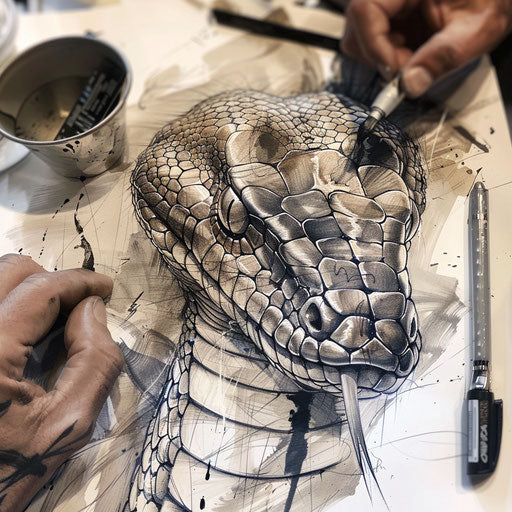 Industrial cobra tattoo sketch with gritty, textured look and metallic shades