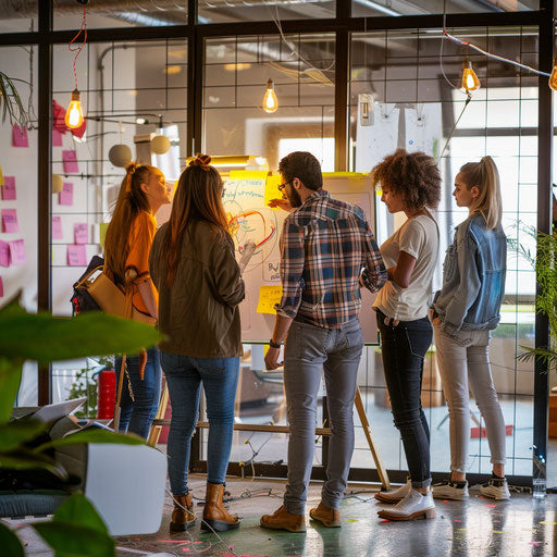 Dynamic startup team brainstorming around a whiteboard