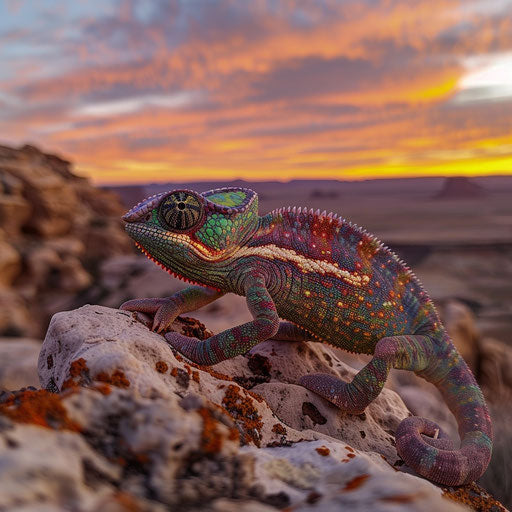 Chameleon on rocky desert outcrop, shifting colors at sunset