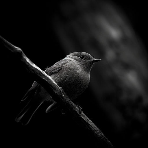 Bluebird in black and white with a dramatic composition in the style of Laurent Baheux