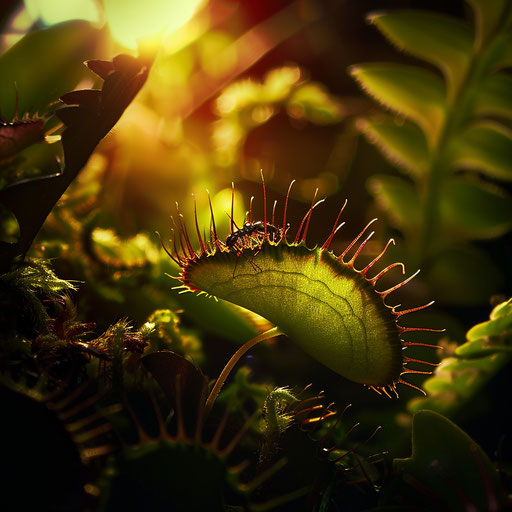 Venus flytrap with ant on trap, lush foliage background