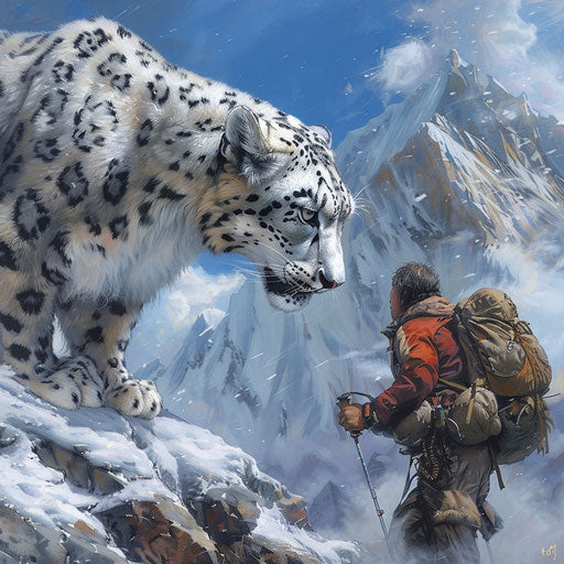 First meeting of a snow leopard and a lost mountaineer