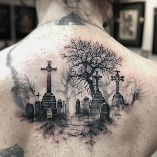 Spooky graveyard scene with tombstones and fog in grayscale