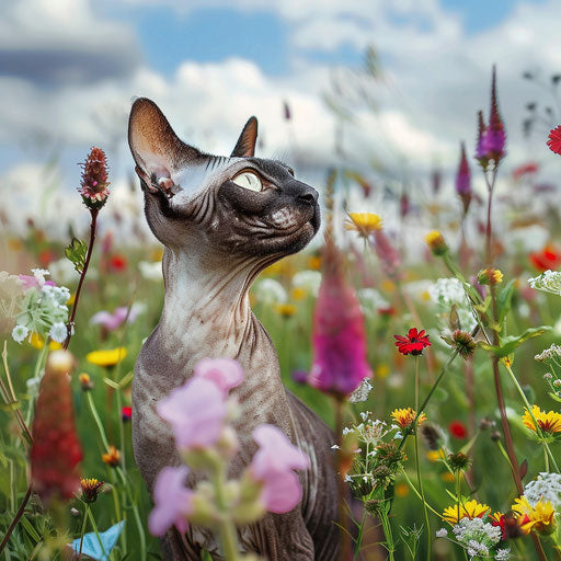 Cornish rex cat in a field of flowers
