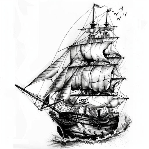 Detailed tattoo sketch of a pirate ship with intricate rigging and wood textures, in a realistic clipart style