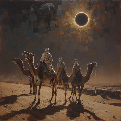 Camels and riders watch a solar eclipse in the desert