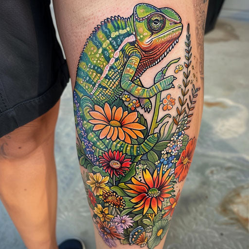 Wildflower tattoo with chameleon, vibrant hues, detailed animal, playful