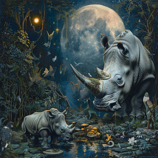 A rhino in an enchanted garden, interacting with mythical creatures under a spellbinding moon.