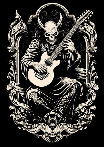 black and white demon with guitar icon, in the style of devilcore, carving 27:38