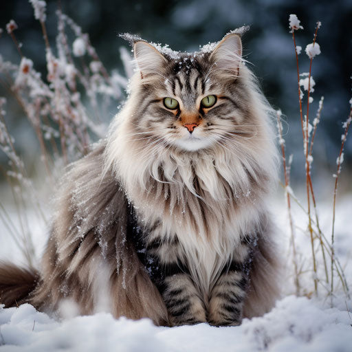 Norwegian forest cat in a field in the snow