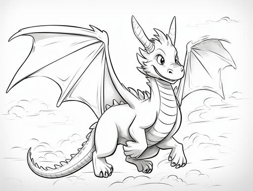 Dragon coloring page with wings, dynamic pose, simplistic cartoon style