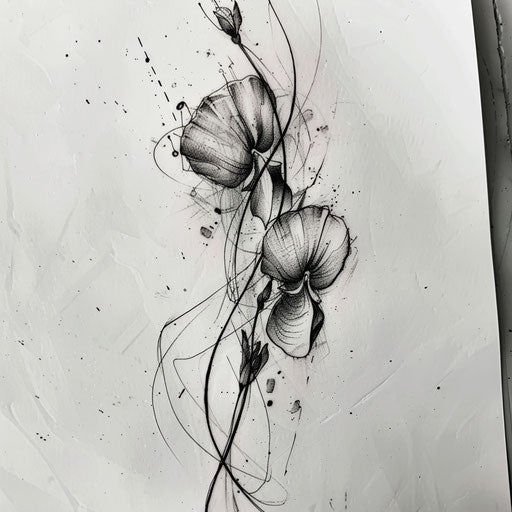 Modern abstract tattoo sketch of a sweet pea with splattered ink effects in black and grey