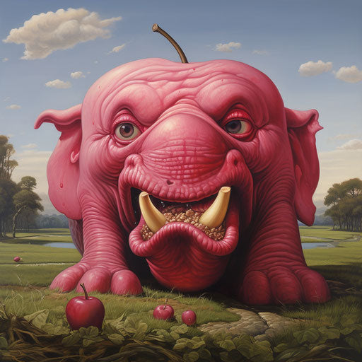 Giant apple and elephant on field, expressive faces