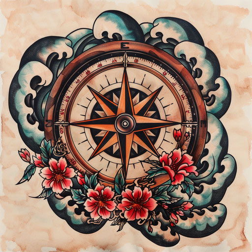 Sketch of traditional Japanese tattoo: compass rose with waves and cherry blossoms