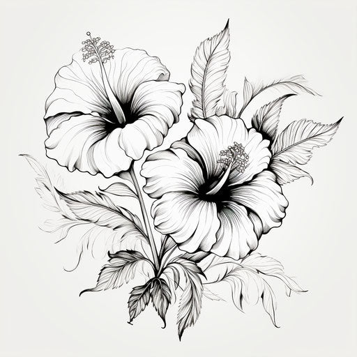 Black and white drawing of hibiscus flower, cherry blossom style, victorian-inspired illustrations