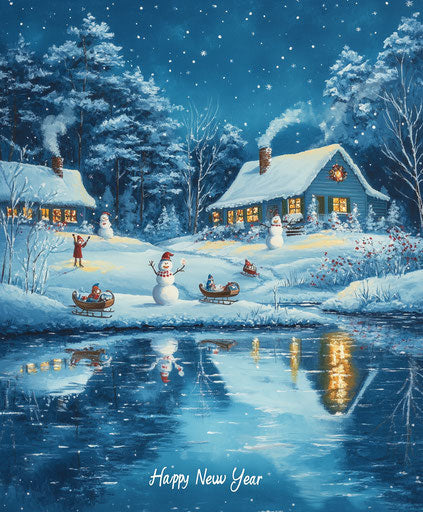 Snowy Christmas scene with snowmen, sleighs, and ice skaters on the water's edge of an icy lake in front of cozy cottages at night