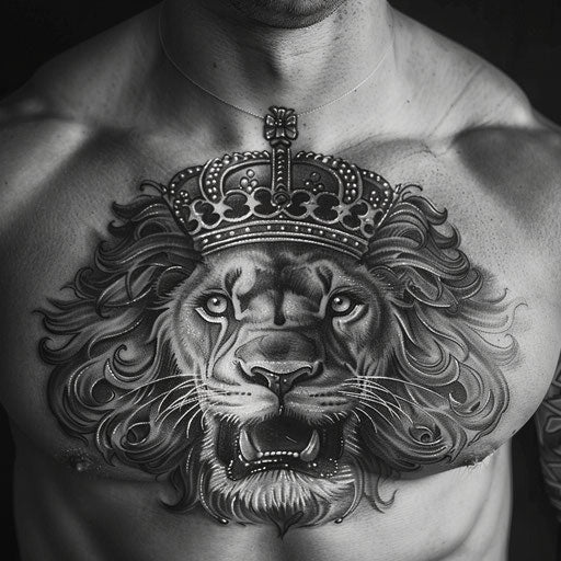 Meaningful tattoos for men featuring a crowned lion on the chest
