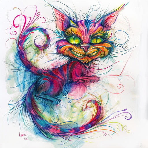 Whimsical Cheshire Cat tattoo sketch with vibrant colors floating on a white canvas, ready for ink.