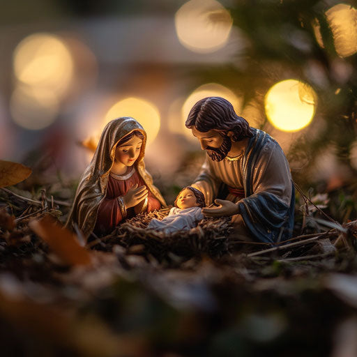 Nativity scene at dawn, soft light on Mary, Joseph, Jesus