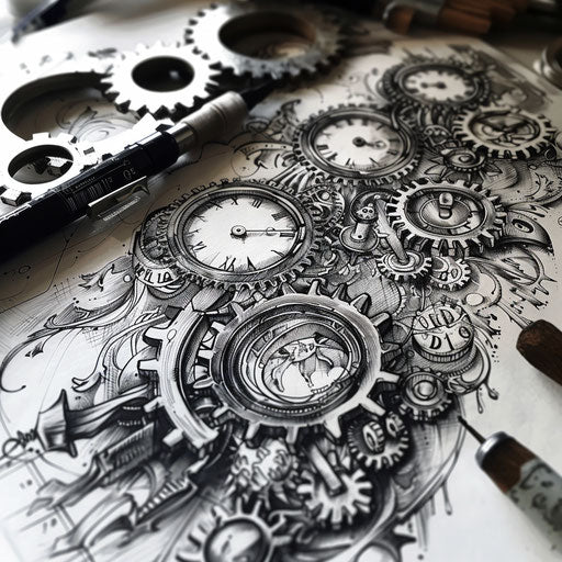Steampunk collage of gears and mechanical elements framing tattoo sketch eleven
