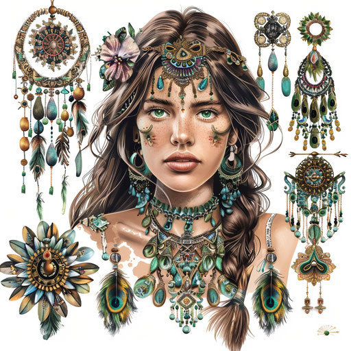 Boho clipart in photo realistic style on white background