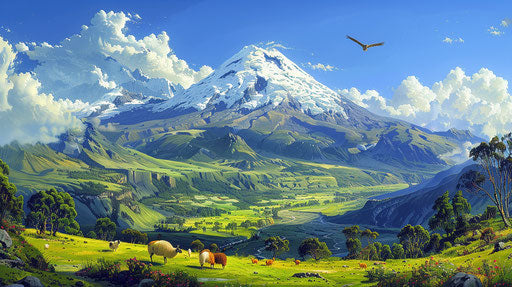 Active volcano surrounded by green valleys and snowy peaks