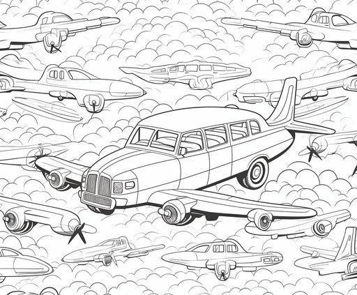Car coloring page with airplane drawing in 6:5 style