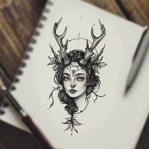 Rustic flat tattoo sketch of Artemis with a traditional folk style deer