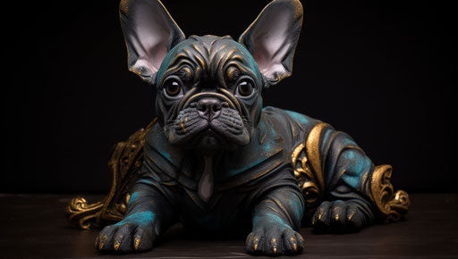 French bulldog puppy, dark black and gold style, light green and dark blue, imposing monumentality, petcore, caffenol developing 37:21