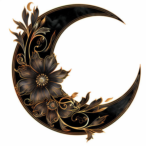 Chic sketch of a stylized half moon with art nouveau flourishes, in black and metallic gold