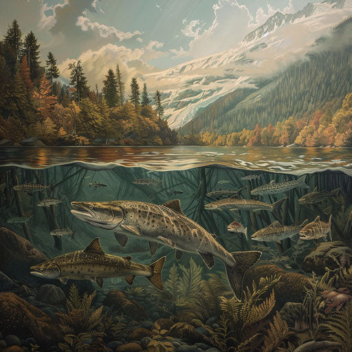 White sturgeon and salmon school swimming in a river