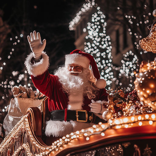 Santa Claus at parade, waving from decorated float