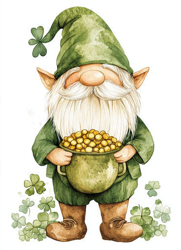 St. Patrick's Day gnome with pot of gold and shamrocks in digital art
