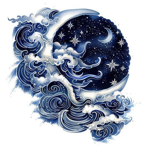 Half moon surrounded by swirling clouds and stars