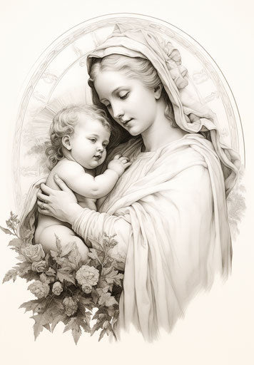 Drawing of a religious event, madonna and child style