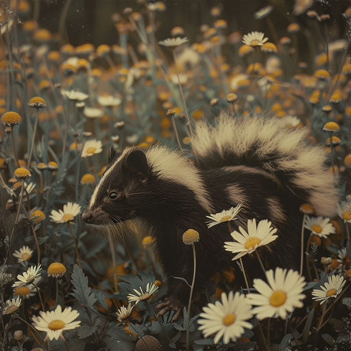 A skunk standing in a field of daisies in the style of Gregory Colbert