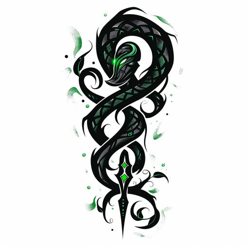 Dark mark with bold black outlines and deep green accents
