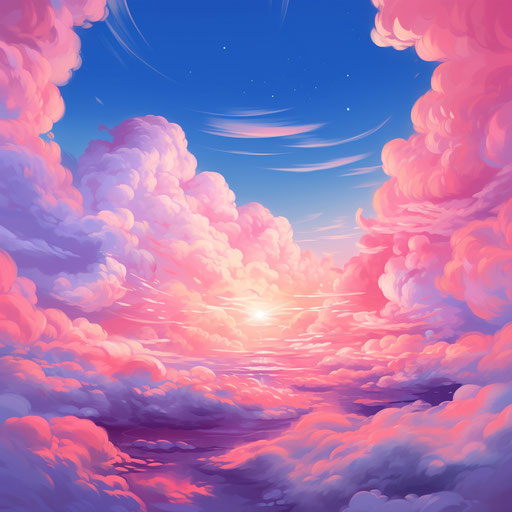 Painting of pink, blue, and white clouds and sun