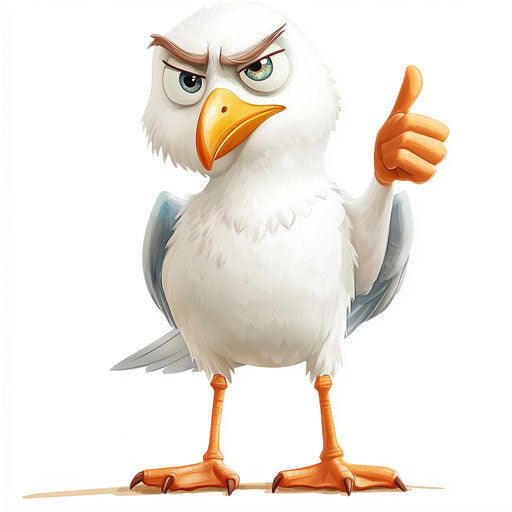 Humorous caricature of a seagull with human characteristics