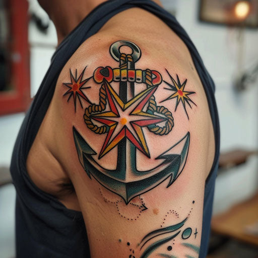 Bold traditional shoulder tattoo with anchors and nautical stars