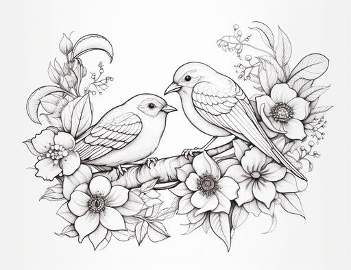 Birds and Flowers Coloring Page, Humor Meets Heart Style