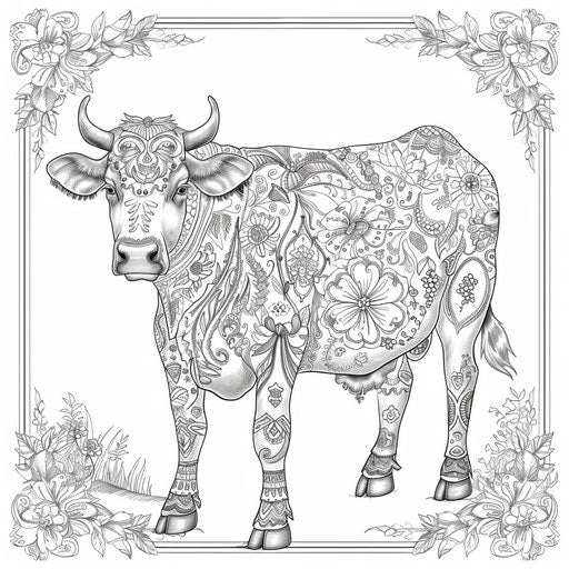 Ornate cow with intricate floral patterns