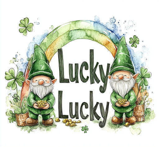 St. Patrick's Day Sublimation, Gnomes with a pot of gold and a rainbow, the word 'Lucky' in front of them, on a white background.