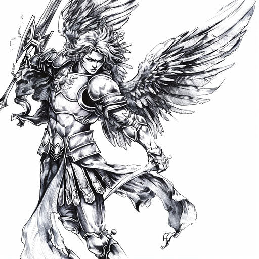 Saint Michael in battle, sketch tattoo style