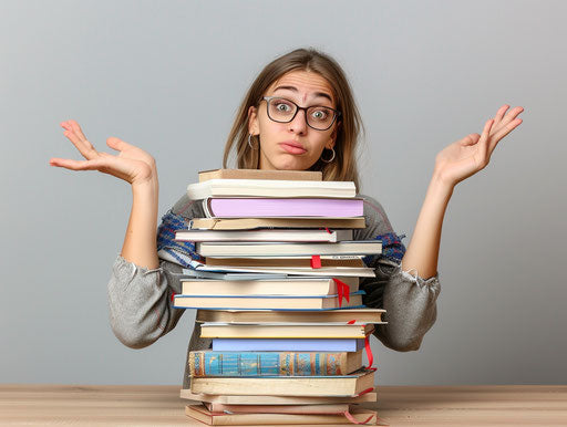 Determined student with a huge stack of books