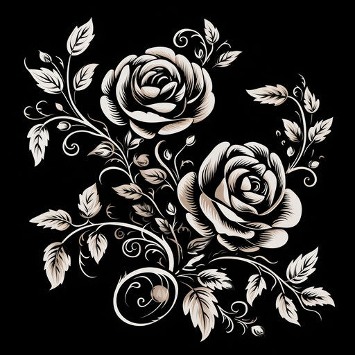 The plant vector is black with roses and leaves, in the style of stencils, captivating